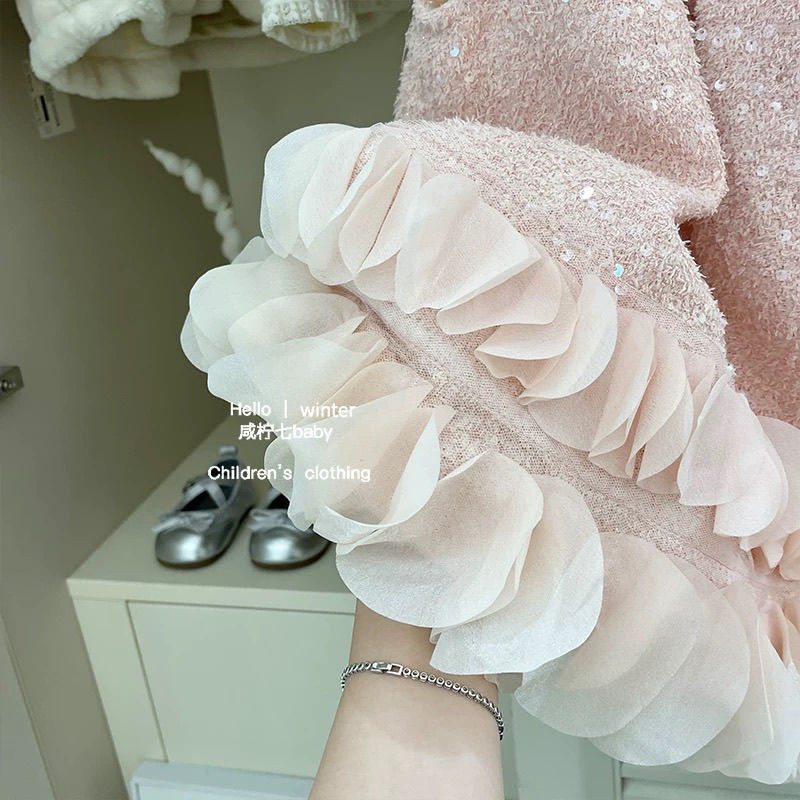 Hàng sẵn có cho bé gái Váy chạy bộ lông cừu mùa thu đông Phong cách mới Thời trang cao cấp Cảm giác bé gái Váy công chúa đính cườm