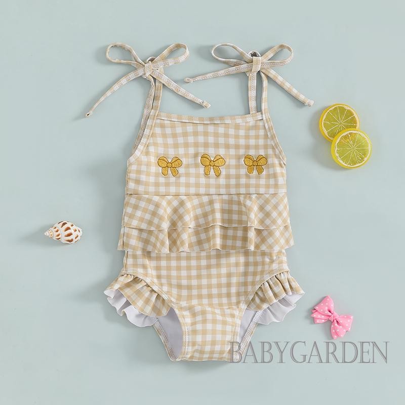/ / -3tháng-3 Tuổi Dây đeo Spaghetti cho bé gái Dây buộc nơ thêu kẻ sọc Đồ bơi một mảnh Bộ đồ tắm đi biển mùa hè