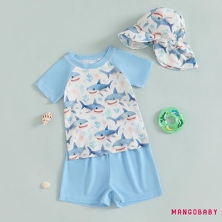 Bộ đồ bơi MG-Toddler Boys Rash Guard Áo cổ tròn tay ngắn in hình cá mập có quần Short và mũ bơi Bộ 3 chiếc