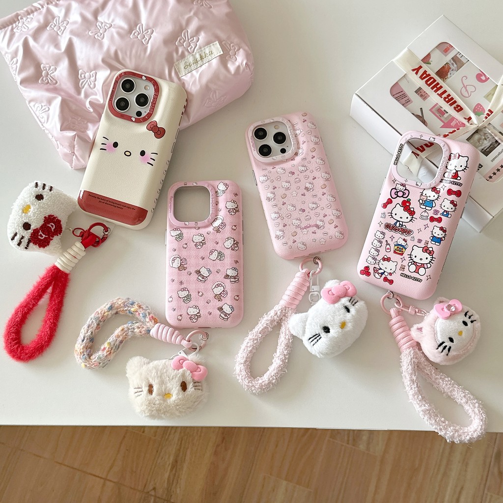 Ins iPhone Case Chống Trơn Trượt Da Dễ Thương KT Cat Chain Thích Hợp Cho iPhone 16ProMax 16Pro 16 15ProMax 15Pro 15 14ProMax 14Pro 14 13ProMax 13Pro 13