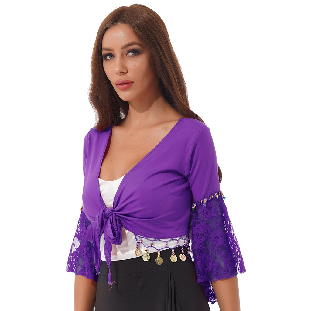 YOOJOO Nữ Bụng Khiêu Vũ Trang Ren Chắp Vá Ba Phần Tư Tay Pháo Sáng Chuông Hạt Tua Rua Ren-Up Khăn Choàng Crop Tops Cardigan