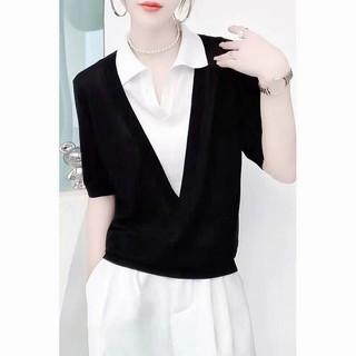 Áo thun ice silk tay ngắn màu sắc tương phản, thiết kế giả hai mảnh khâu rời, phù hợp mọi cuộc gặp gỡ