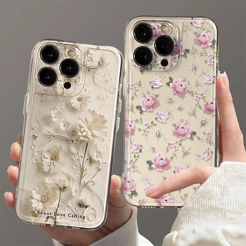 Hoa Hồng Cây Hoa Cúc Vỏ Điện Thoại Cho IPhone 16 Pro Max 16E 15 14 13 12 11 Pro Max XS 7 8 Plus 13 Vỏ Mini Mềm Trong Suốt Họa Tiết Silicon Thời Trang TPU Trong Suốt