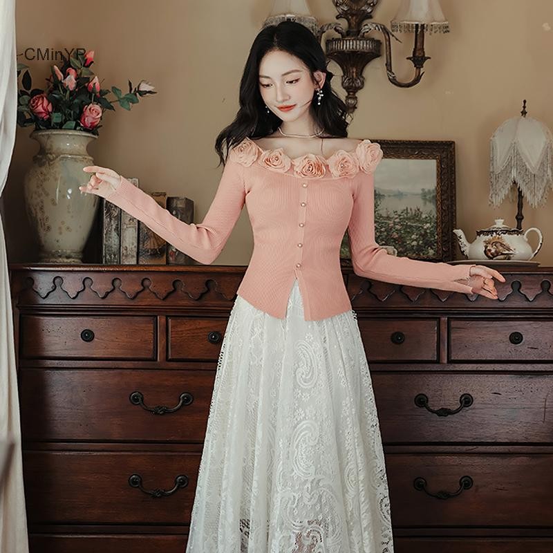 Cminyp Pháp Retro Nhẹ Nhàng Ba Chiều Hoa Ngoài Vai Dài Tay Mỏng Dệt Kim Áo Len Nữ Vinh Quang
