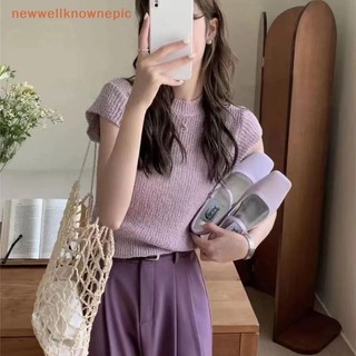 Newwellknownepic Mùa Hè Màu Trơn Retro Dệt Kim Áo Thun Nữ Cổ Tròn Bay Tay Crop Top VN