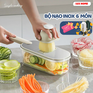 Bộ Nạo Rau Củ 6 Lưỡi Dao Kèm Khay Đựng, Tay Cầm Bảo Vệ Tiện Lợi, Dụng Cụ Bào Sợi Đa Năng Cao Cấp