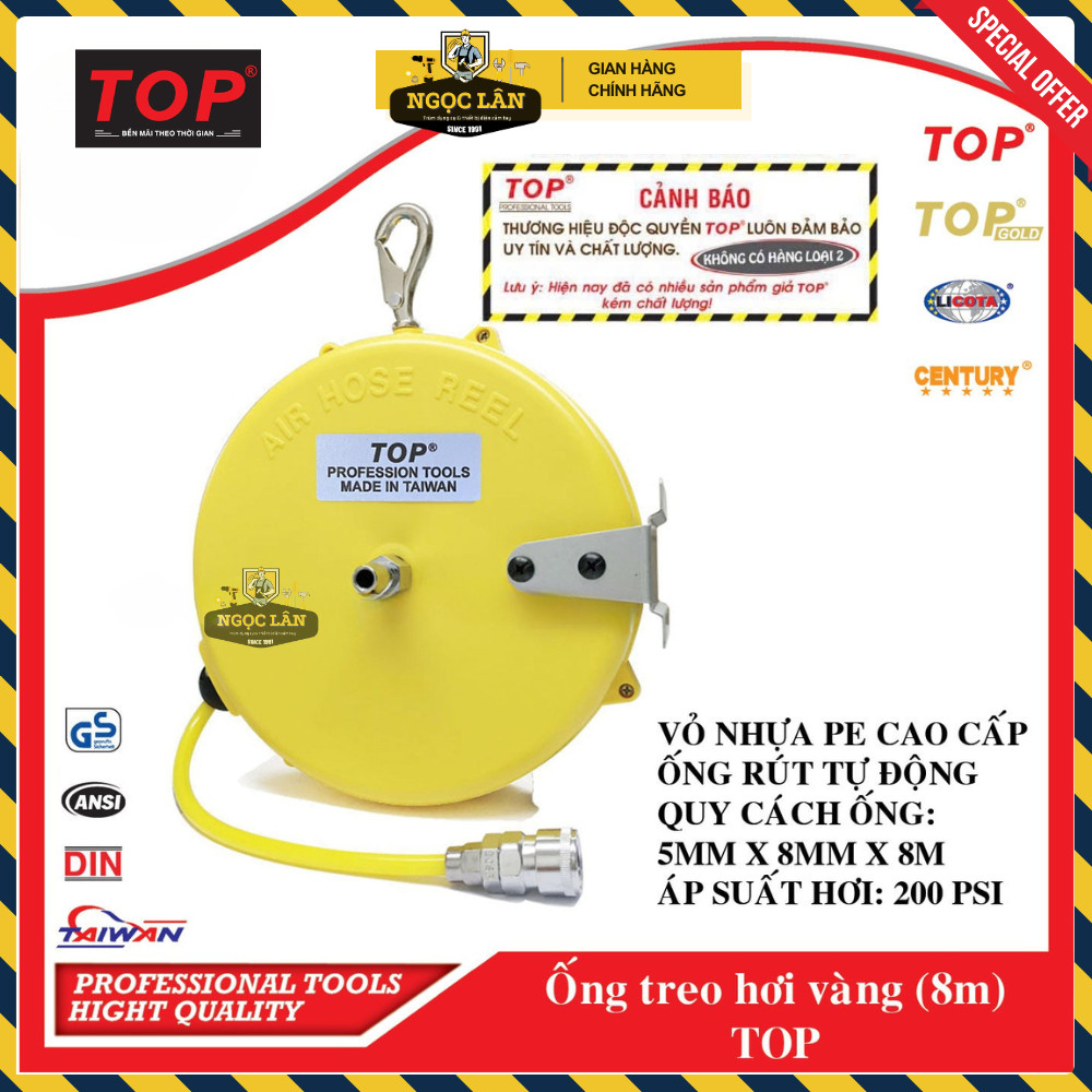 [Chính hãng TOP] Ống treo hơi, Cuộn dây hơi tự rút TOP hộp nhựa vàng 5mmx8mm (dài 8m) cao cấp
