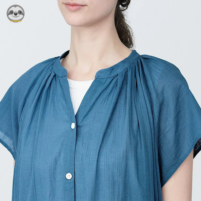 Phong cách Nhật Bản Muji - Váy ngắn tay cotton màu trơn có dây rút - Áo sơ mi dài văn học dáng rộng mỏng hơn