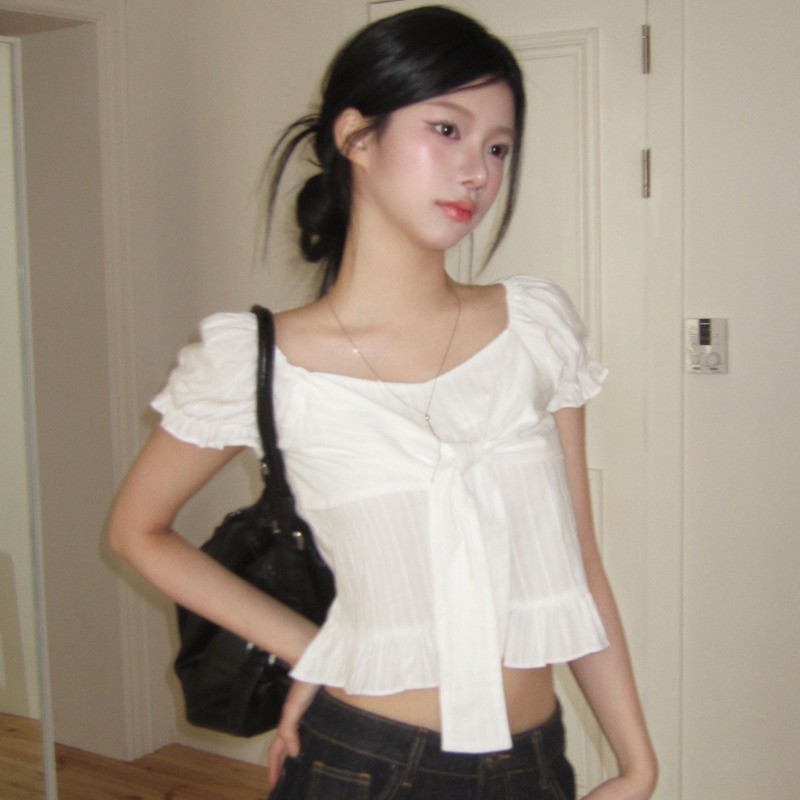 SUXI Áo sơ mi tay phồng buộc dây đơn giản, phù hợp mùa hè