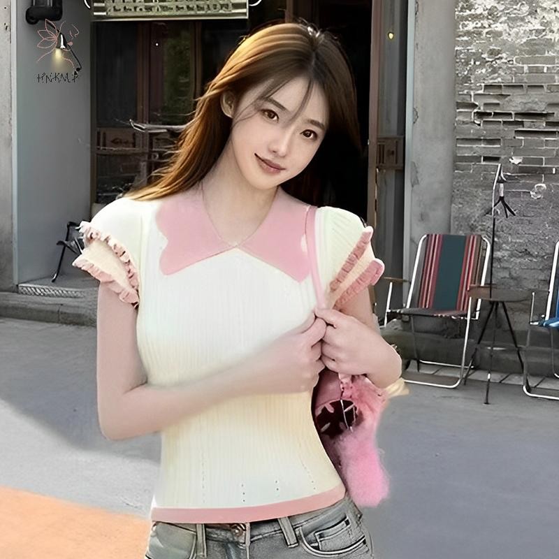 HNKMP áo thun nữ mùa hè cổ rỗng, tay ngắn, màu sắc tương phản