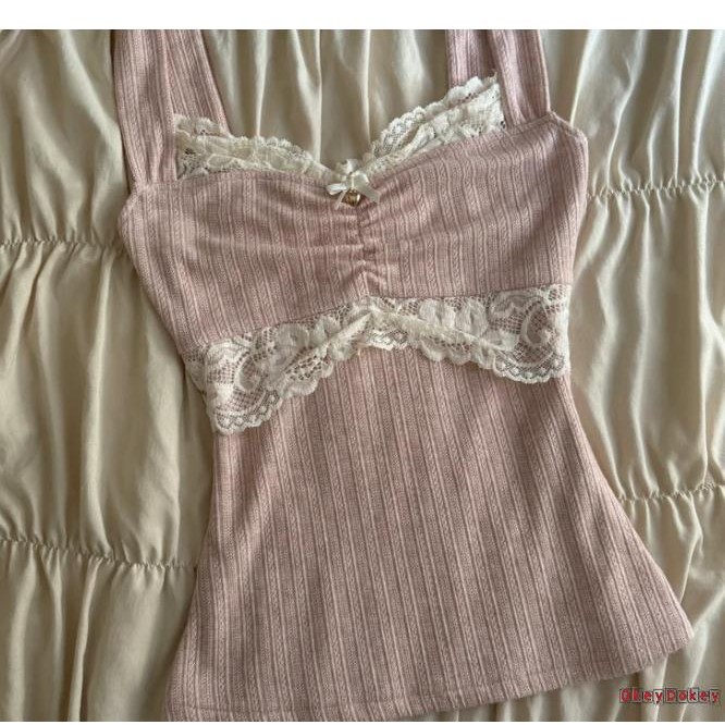 OKDK-90s Vintage Ren Viền Camisole Nữ, Phong Cách Grunge,Slim Fit, Retro Y2K Cottage Crop Top