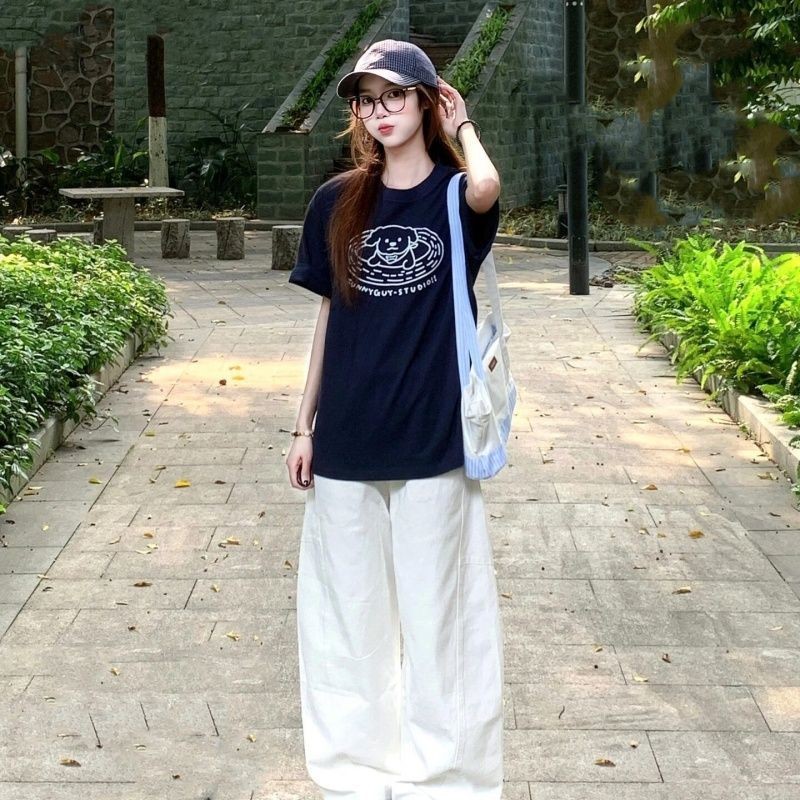 Áo ThunGraphic Chó Hoạt Hình Nữ, Tay Ngắn Phù Hợp Mùa Hè và Couple Wear