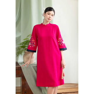 SWANLAKE | Váy Đầm Phom A Cổ Trụ Tay Lỡ Vải Linen Thêu Hai Cánh Tay Đi Tết Đi Chơi - D12158