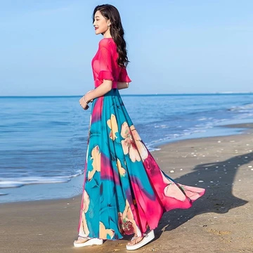 Mùa Hè Mới Bên Bờ Biển Chụp Ảnh Váy Lớn Thắt Lưng Xuất Hiện Gầy Đi Du Lịch Kỳ Nghỉ Váy Dài Váy Voan Váy Bãi Biển