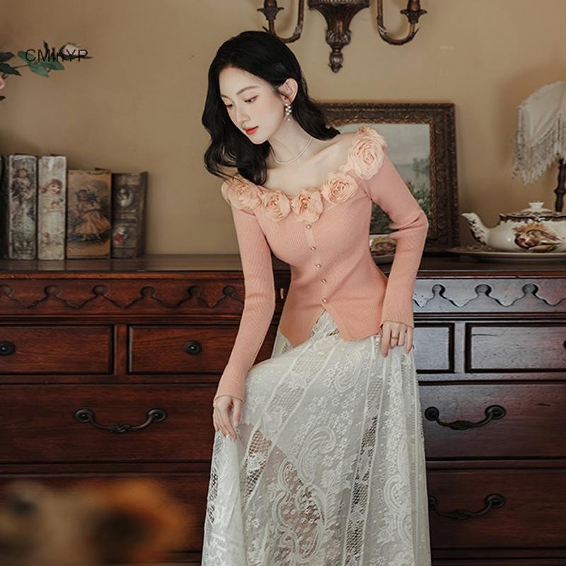 Cminyp Pháp Retro Nhẹ Nhàng Ba Chiều Hoa Ngoài Vai Dài Tay Mỏng Dệt Kim Áo Len Nữ Vinh Quang