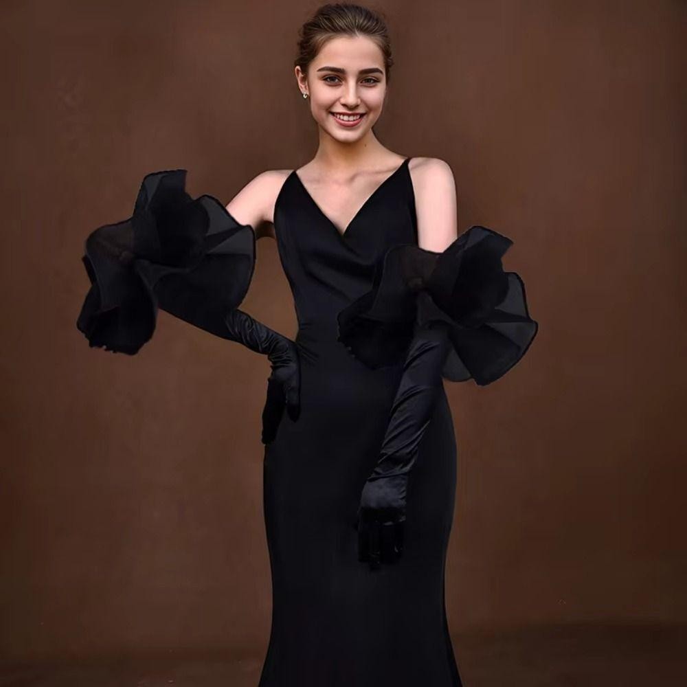 Găng tay cô dâu cưới dài hoa Organza nhung thanh lịch, co giãn, đầy đủ ngón tay, dự tiệc cưới