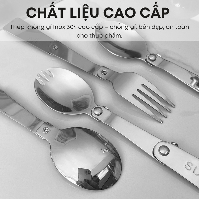 Bộ Thìa Nĩa Gấp Ba Inox 304 Không Gỉ Cao Cấp – Gấp Gọn, Cầm Êm, Mang Đi Dã Ngoại, Camping, Đi Học Đi Làm Tiện Lợi| 305