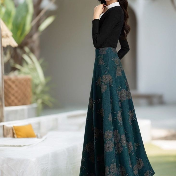 Váy Len Hoa Cao Cấp Giữa Chiều Dài Váy Nữ Túi Làm Sâu Dù Váy Mùa Đông Váy Xoay Lớn Váy Dài 25.1.2
