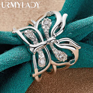 URMYLADY Bạc 925 Bướm Zircon Mở Nhẫn Nữ Cưới Quyến Rũ Trang Sức Thời Trang