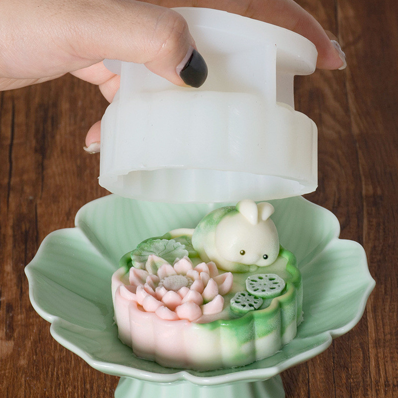 Lotus Rabbit Bánh Trung Thu Mousse Khuôn Silicon DIY Tết Trung Thu Da Tuyết Bánh Trung Thu Kem Thạch Pudding Khuôn