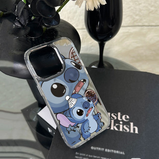 Ốp điện thoại cầu lông Stitch chơi cho iPhone 16 / 15 / 14 / 13 / 12 / 11 / PRO MAX / MINI / PLUS / X / XR gương chống rơi và chống sốc Vỏ bảo vệ lỗ lớn