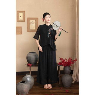 SWANLAKE | Set Bộ Dài Cổ Trụ Tay Lỡ Chất Liệu Xốp Hàn Thêu Hoa Pháp Phục Trung Niên Tặng Mẹ - B12119