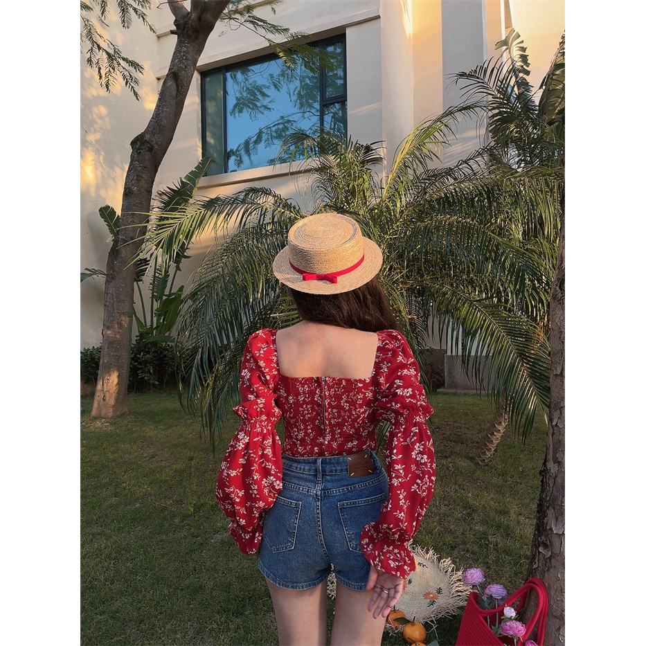 Áo Sơ Mi Nhỏ Cổ Tích Siêu Đẹp ~ Mùa Xuân Mùa Hè Phong Cách Pháp Đèn Lồng Cổ Vuông Dài Tay Áo Sơ Mi Hoa Đỏ Dây Rút Không Eo Đi Biển Kỳ Nghỉ Áo Sơ Mi Ngắn Voan Cổ Thấp Gợi Cảm Top Bong Bóng Vàng Tay Ngắn
