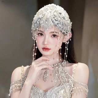 1 chiếc mũ đội đầu cô dâu cổ điển thêu, mũ tua rua hạt ren, phụ kiện đám cưới