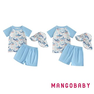 Bộ đồ bơi MG-Toddler Boys Rash Guard Áo cổ tròn tay ngắn in hình cá mập có quần Short và mũ bơi Bộ 3 chiếc