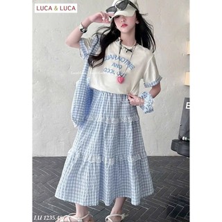 13-45kg (hàng thiết kế) Set áo phông xanh mix chân váy kẻ dài Luca