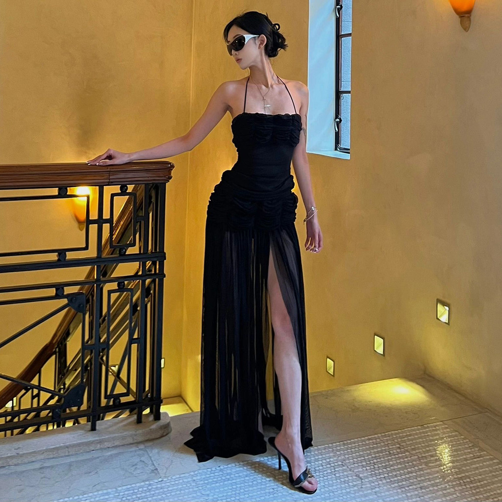 Cutenew Chắc Chắn Ruched Maxi Váy Dây Gợi Cảm Lưng Skinny Cá Tính Nóng Gà Con Nhìn Mỏng Hơn Thời Trang Tính Khí Phong Cách Nóng Mới