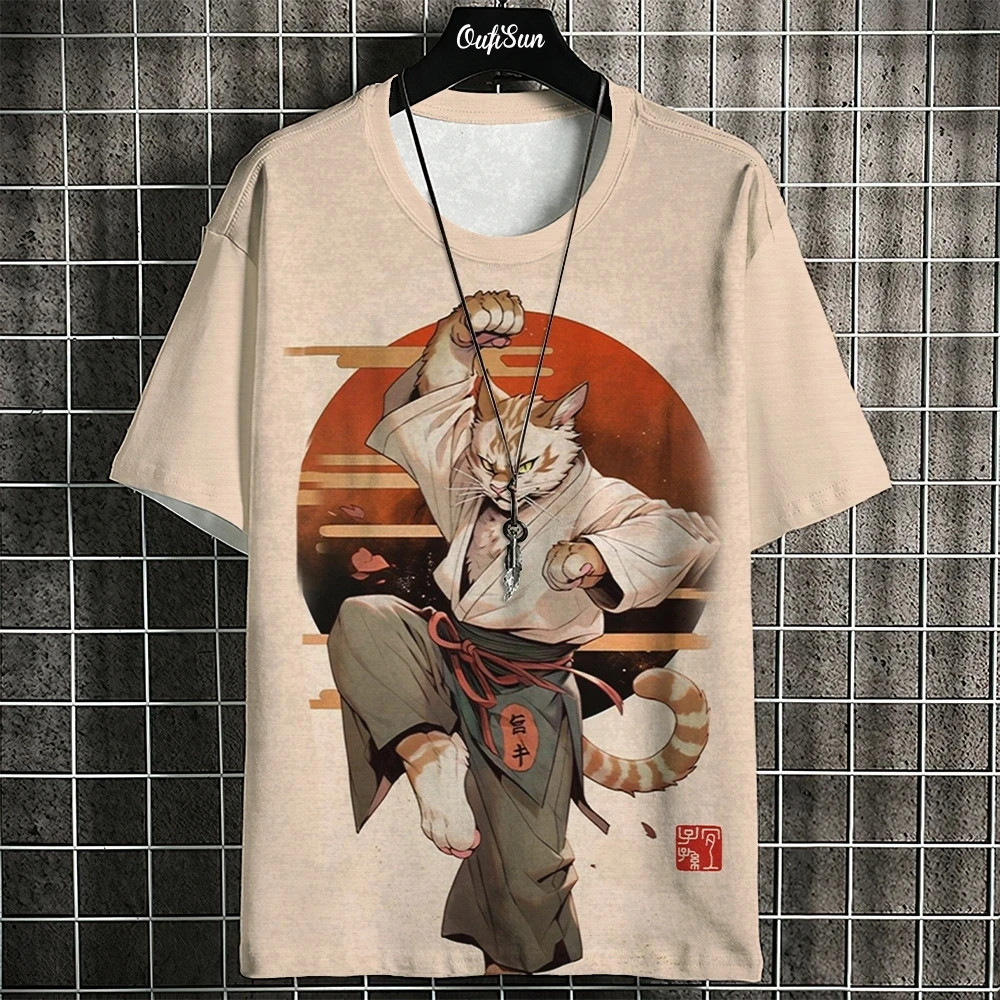 Áo thun unisex phong cách Nhật Bản, in hình mèo samurai 3D, kèm bông tai kẹp