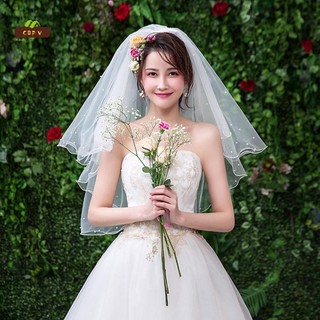 Khăn che mặt cô dâu ngắn 2 tầng đính hạt, có lược kim loại - phù hợp đám cưới và tiệc cưới độc thân