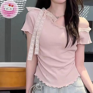 Moonlights Thời Trang Slim Off-Shoulder Ren Ngắn Tay Áo Thun Nữ Mùa Hè EN