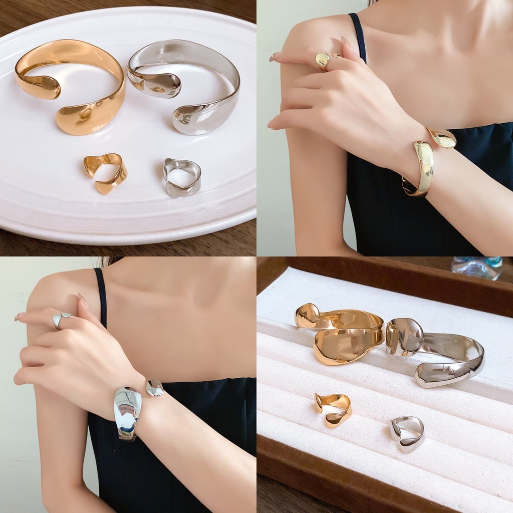 Đôi vòng tay retro hình bầu dục không đồng đều, bóng đẹp, trang sức cao cấp