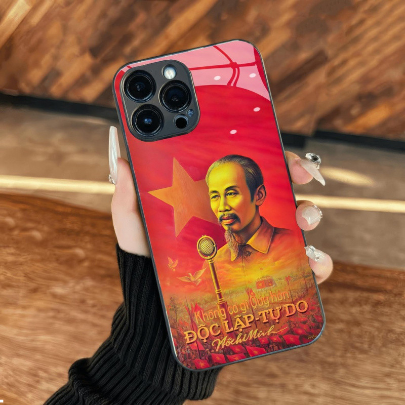 Ốp điện thoại kính màu vàng lá cờ Việt Nam Uncle Ho cho iPhone 16 17.35 14 13 12 11 8 7 6 6s 6p 7p 8p 6g 7g 8g Pro Max XR XS xsmax