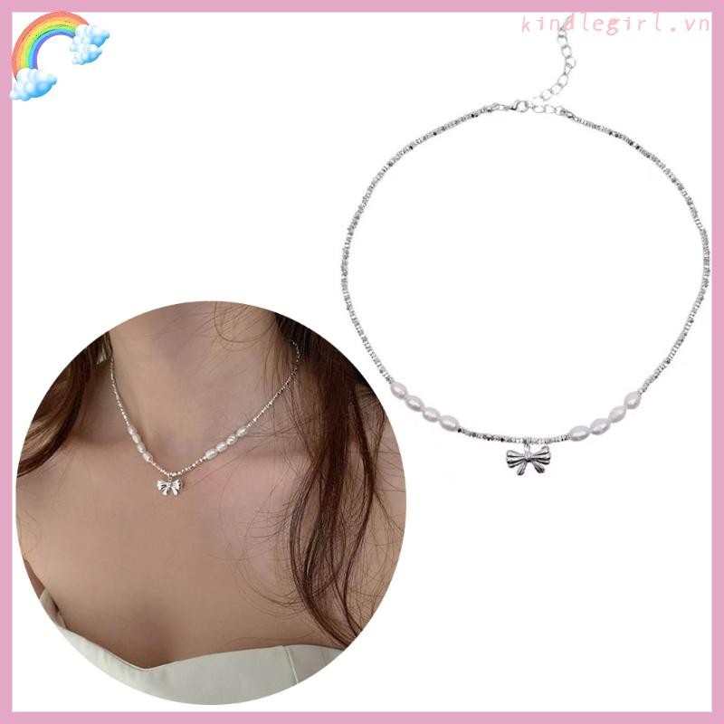 Vua Đơn Giản Nơ Mặt Dây Chuyền Vòng Cổ Xương Đòn Dây Xích Có Thể Điều Chỉnh Choker Ngọt Ngào Thoáng Mát Nơ Ngọc Trai Cổ Vòng Cổ Thời Trang Jewe