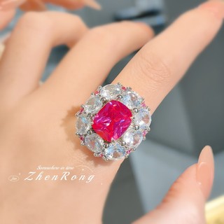 Châu Âu Mỹ ins Phong Cách Mới Full Kim Cương Đỏ Corundum Nhiều Màu Sắc Kho Báu Nữ Nhẫn