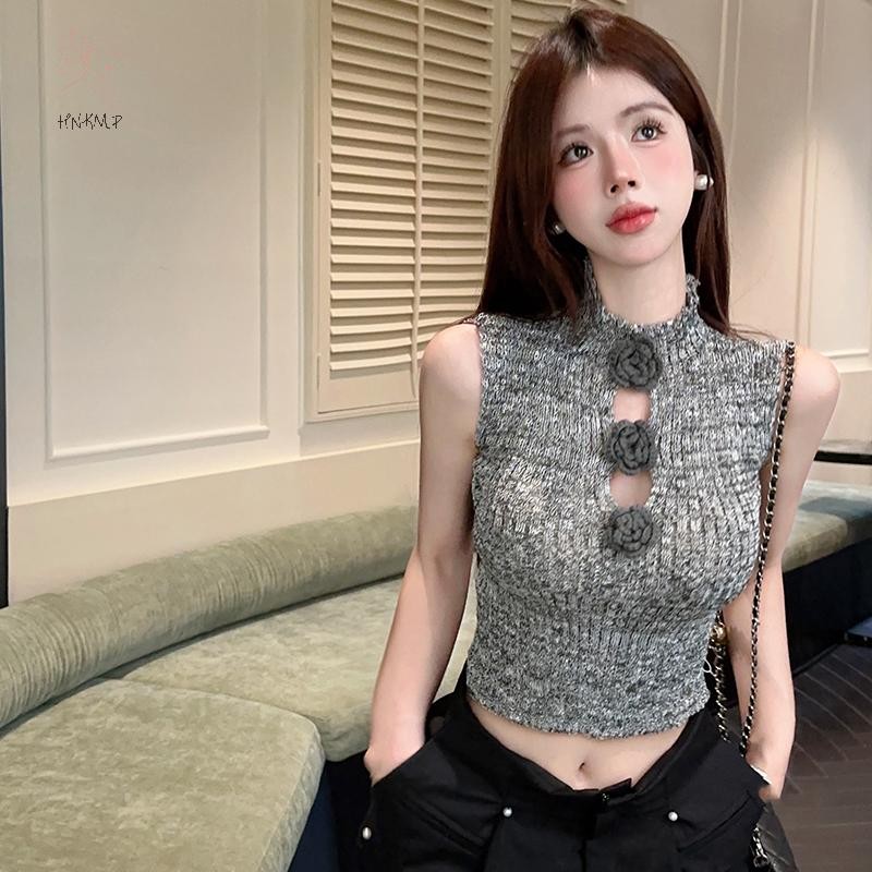 HNKMP ÁoCrop Top Không Tay Dệt Kim 3D Hoa, Thời Trang Gợi Cảm Phong Cách Y2K