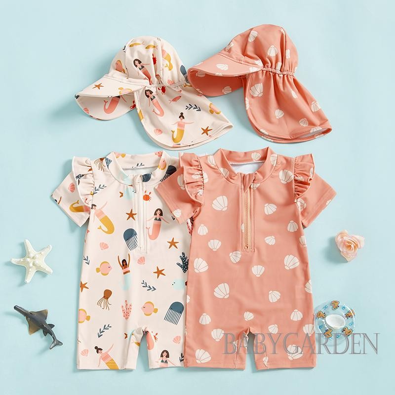 / / -0-24 Tháng Đồ bơi bảo vệ phát ban cho bé gái có mũ bơi tay ngắn Nàng tiên cá / Bộ đồ tắm trẻ em in vỏ