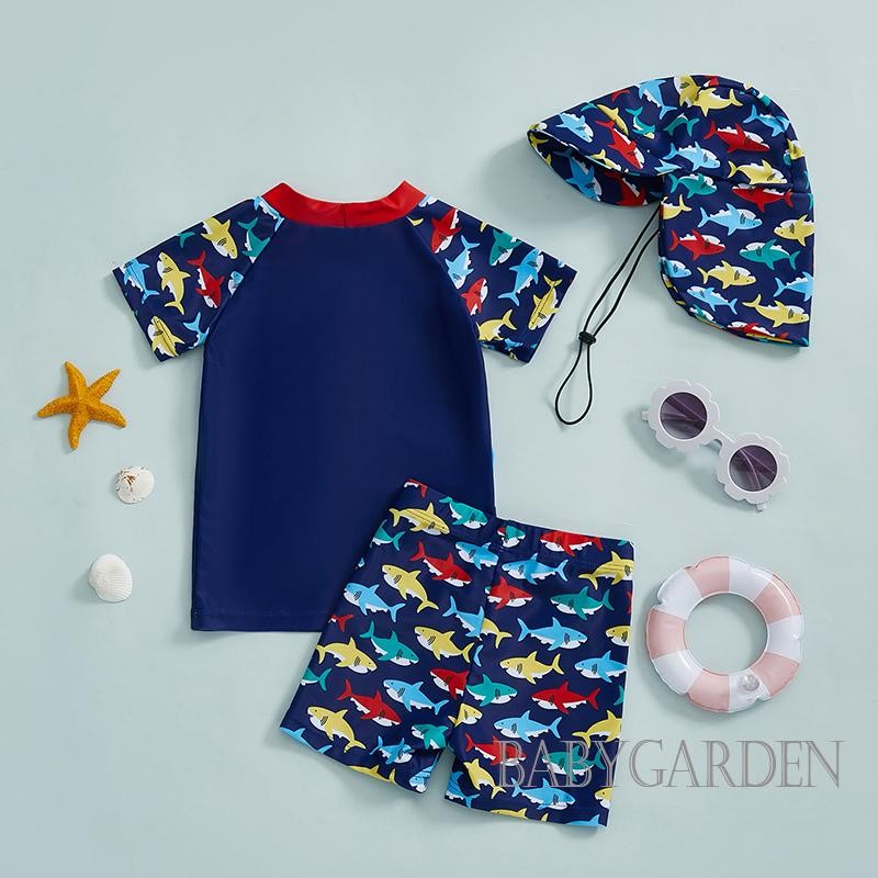 / / -0-4 Tuổi Bộ đồ bơi bé trai tập đi in hình cá mập Áo bảo vệ phát ban ngắn tay + Quần Short + Mũ chống nắng 3 chiếc Trang phục bộ đồ tắm