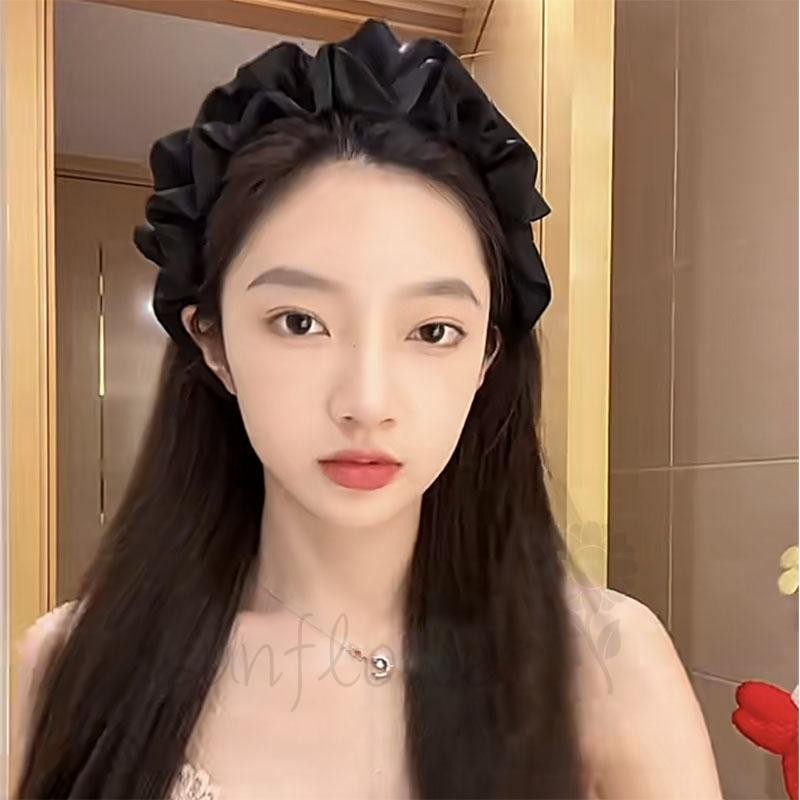 [hướng dương] Băng đô rửa mặt xếp li bằng vải đen có vành rộng đầu lâu cao có răng Anti-S