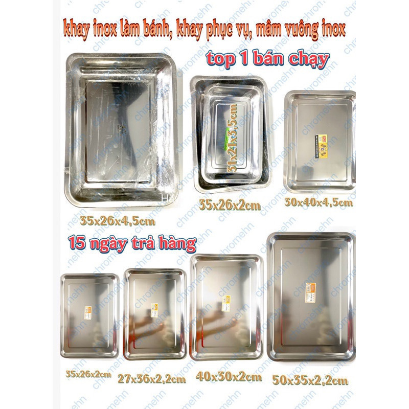 Khay inox đựng thức ăn kích thước 36x27 - Sâu 4.8cm mâm cơm, khay nướng bánh, khay lót bàn ăn