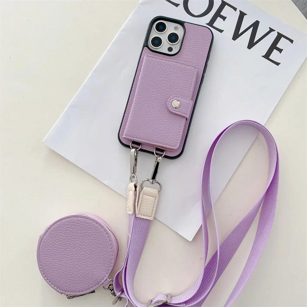 Ví Đeo Ngang Khe Cắm Thẻ Ví Đựng Tiền Xu Cho IPhone 16 15 Plus 14 13 12 11 7 8 Pro Max Da Dây Bảo Vệ Vỏ Điện Thoại