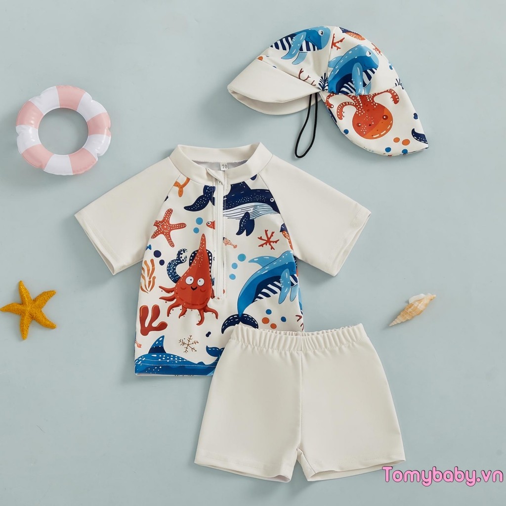 Bộ Đồ Bơi Bé Trai Mùa Hè In Hình Dễ Thương Dây Kéo Áo Tay Ngắn + Quần Bơi + Mũ Đồ Bơi