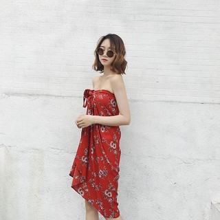 Váy đi biển Thái Lan một mảnh, dài sang trọng, buộc hoa dân tộc, ren, size S