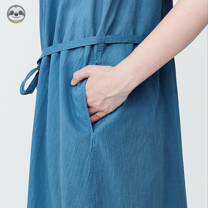 Phong cách Nhật Bản Muji - Váy ngắn tay cotton màu trơn có dây rút - Áo sơ mi dài văn học dáng rộng mỏng hơn
