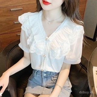 Áo sơ mi voan trắng mới mùa hè, cổ chữ V, tay ngắn phồng, ren xù thời thượng
