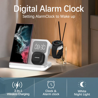 SHEREN 15W Đồng hồ ba trong một Đèn bàn sạc không dây có thể tháo rời Thích hợp cho đồng hồ tai nghe điện thoại di động nhiều thương hiệu