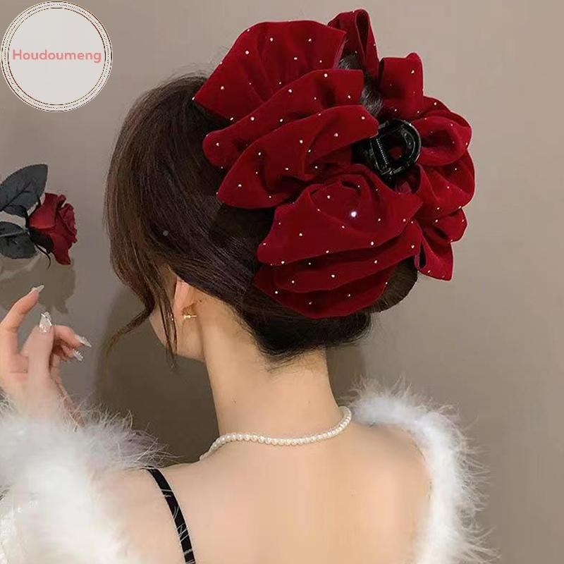 Houdou 1 Đen Đỏ Nhung Nơ Kẹp Tóc Nữ Công Chúa Lấy Móng Vuốt Tóc Mũ Đội Đầu Kẹp Tóc Lớn Phụ Kiện Tóc Cô Gái VN